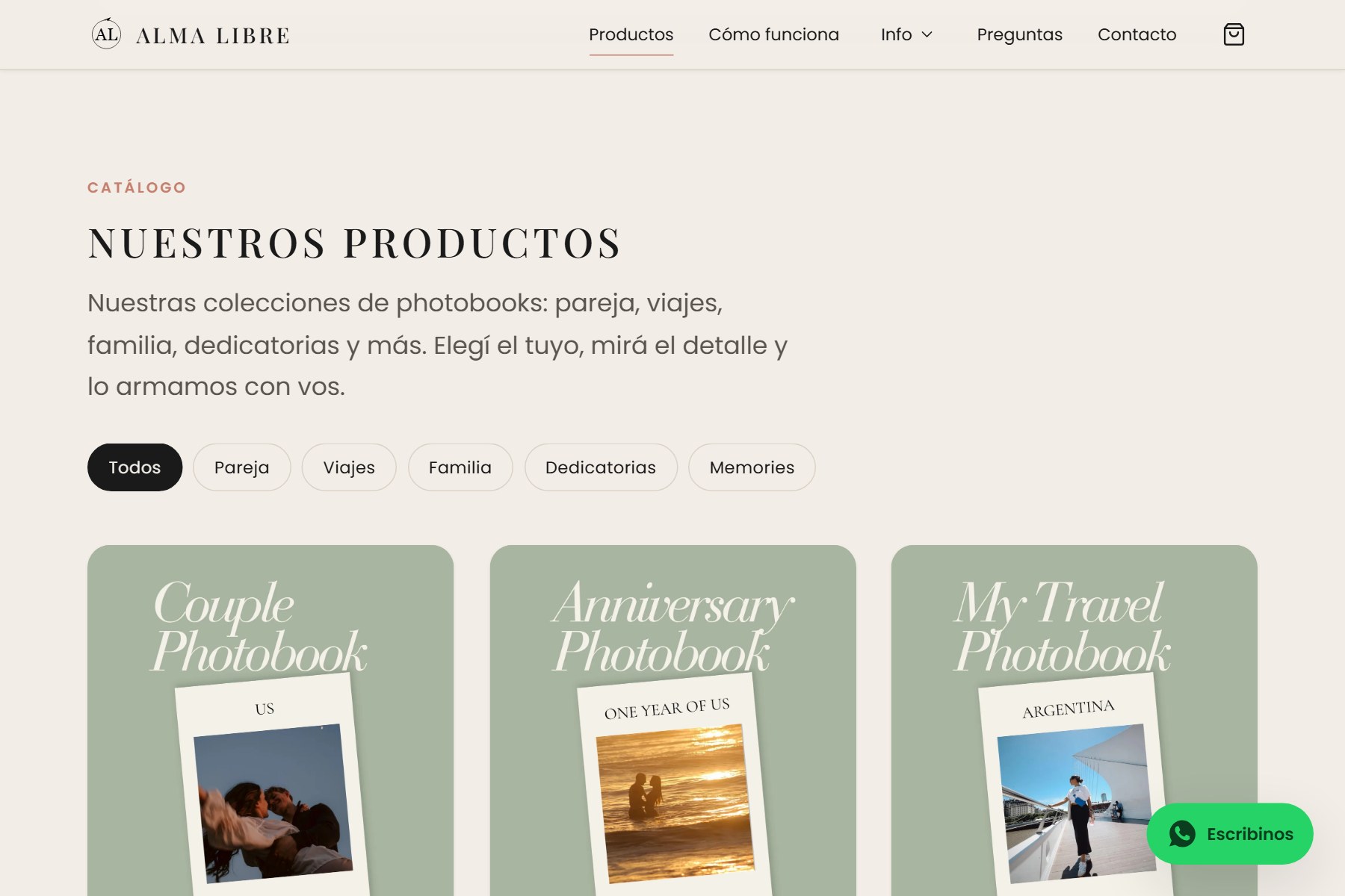 Sección de catálogo de Alma Libre con filtros por categoría