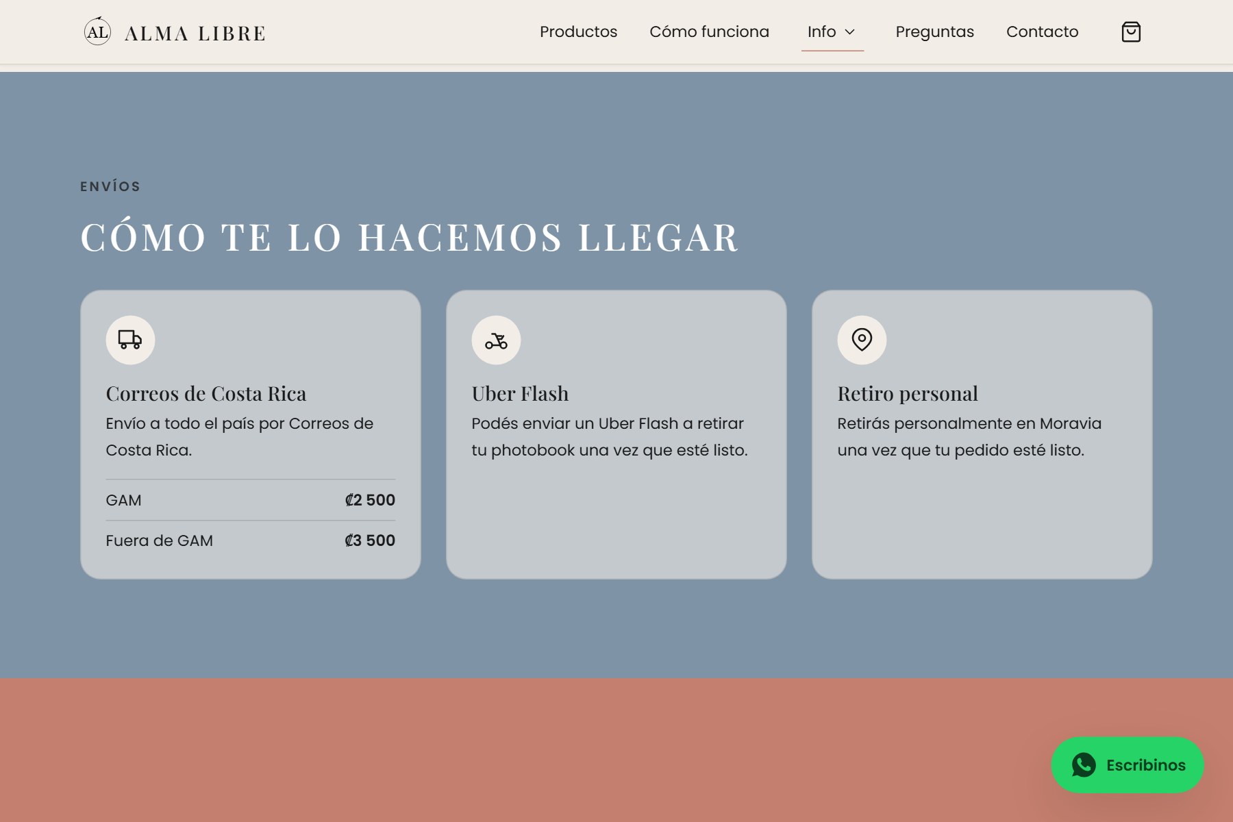 Sección de envíos de Alma Libre