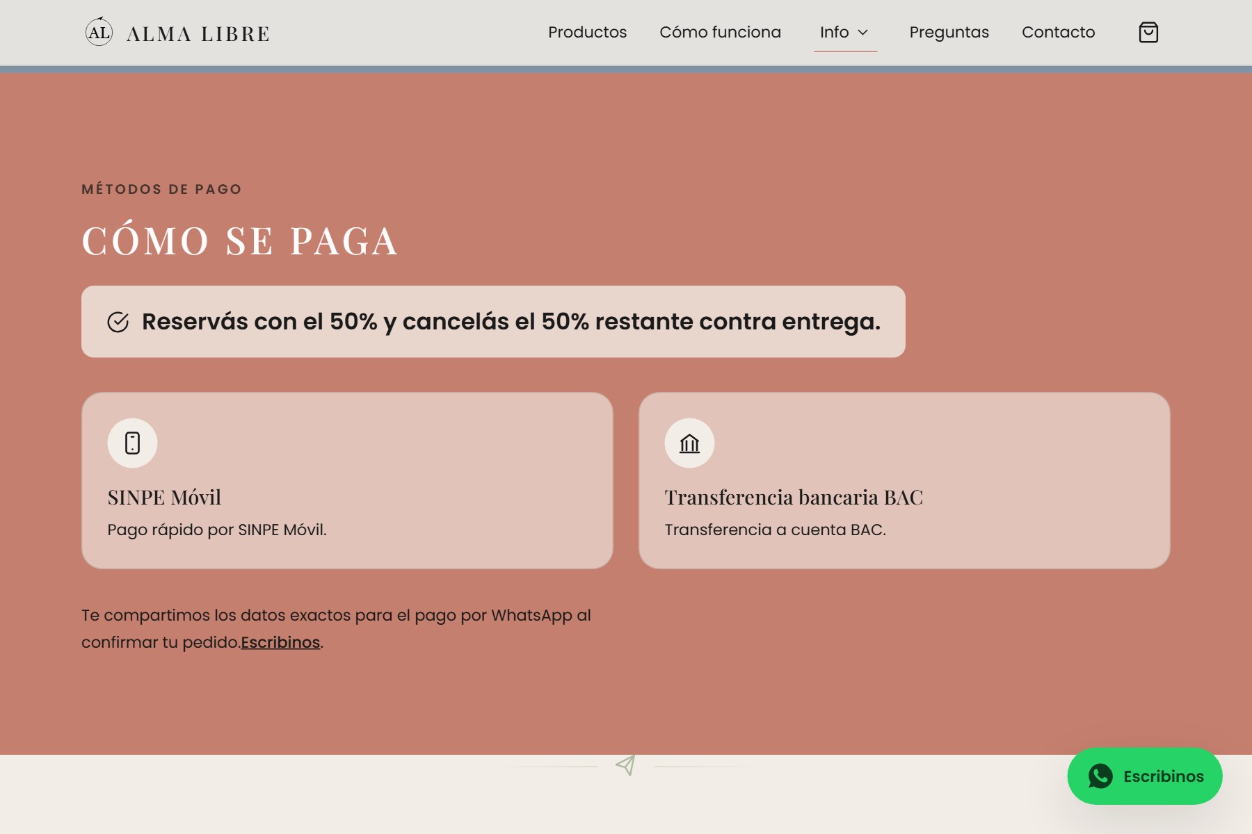 Sección de pagos de Alma Libre
