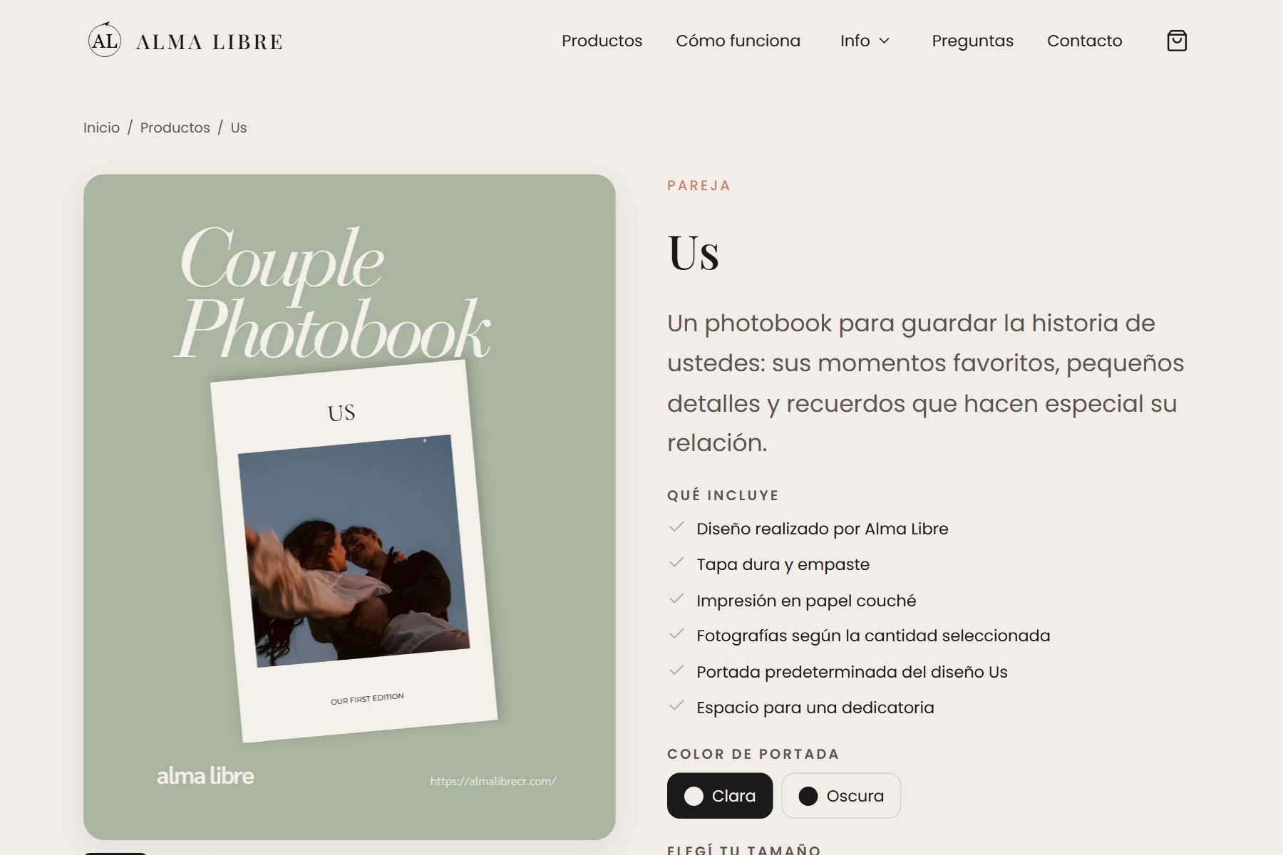 Página de producto de Alma Libre con opciones de personalización