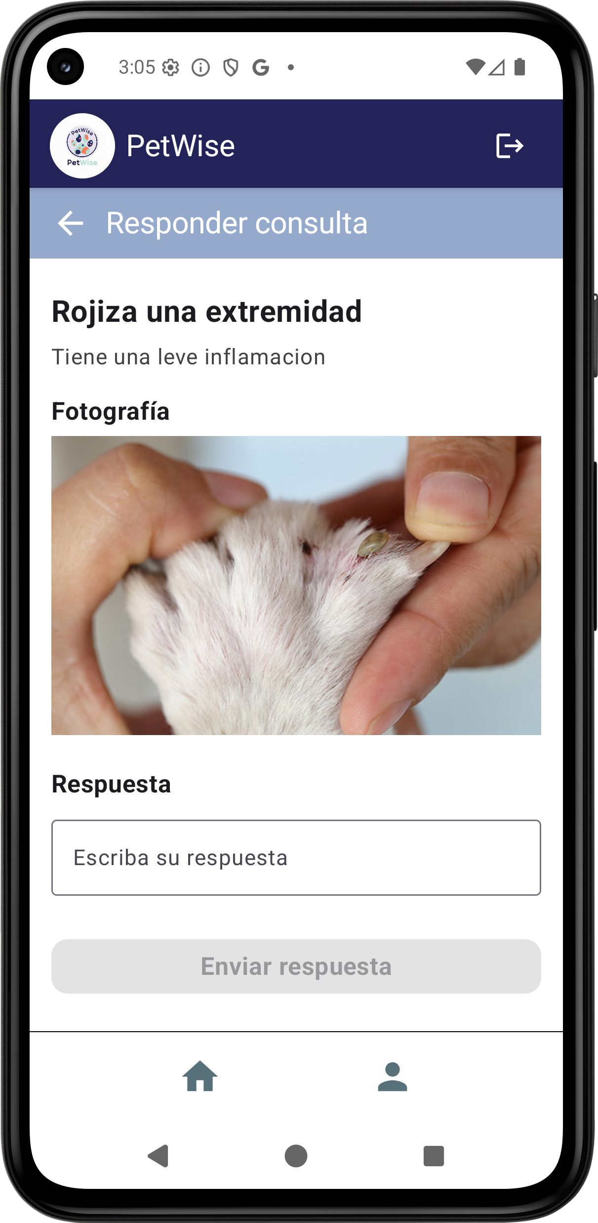 Pantalla de consultas en PetWise